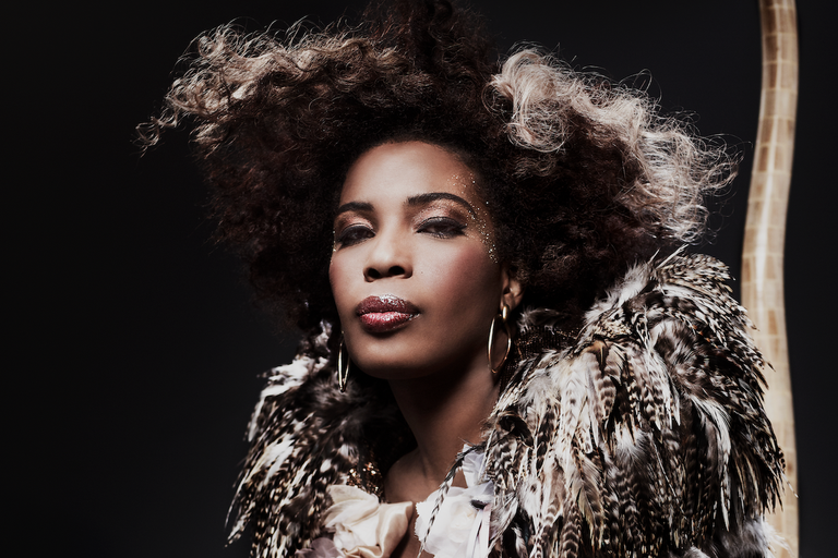 Soul singer Macy Gray portrait by Giuliano Bekor, featuring voluminous hair, shimmer makeup, gold earrings, and a feathered jacket on black.